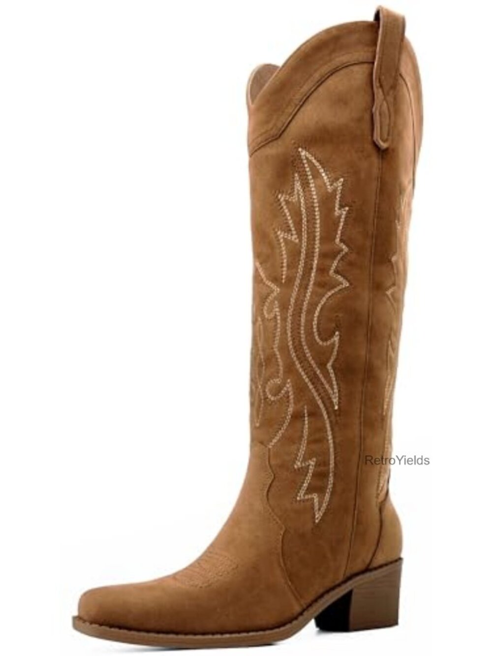 Womens Knee High Cowboy Boots Wide Calf Square Toe Chunky Heel Faux Suede Pull